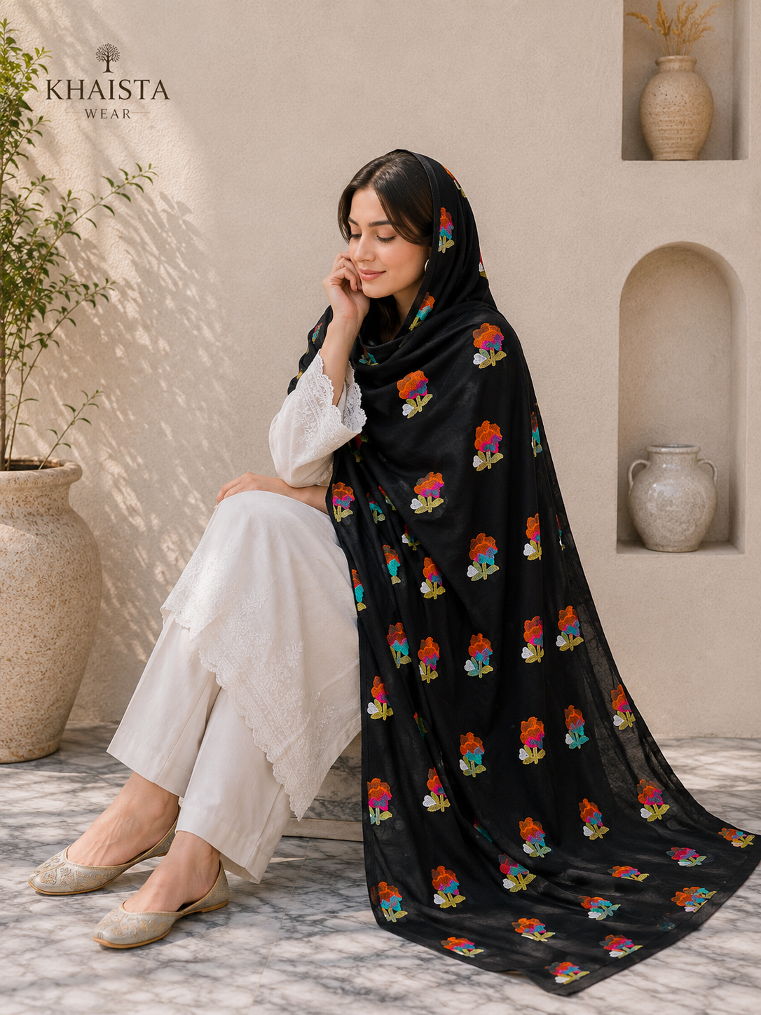 Midnight Bloom Embroidered Chadar