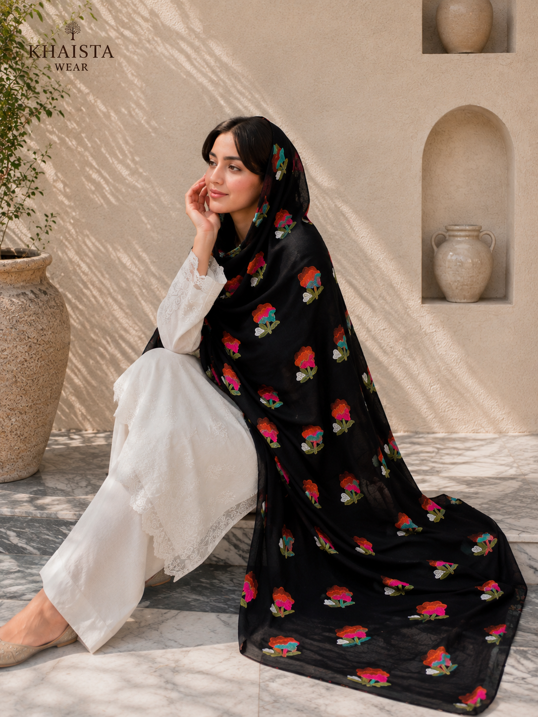 Midnight Bloom Embroidered Chadar