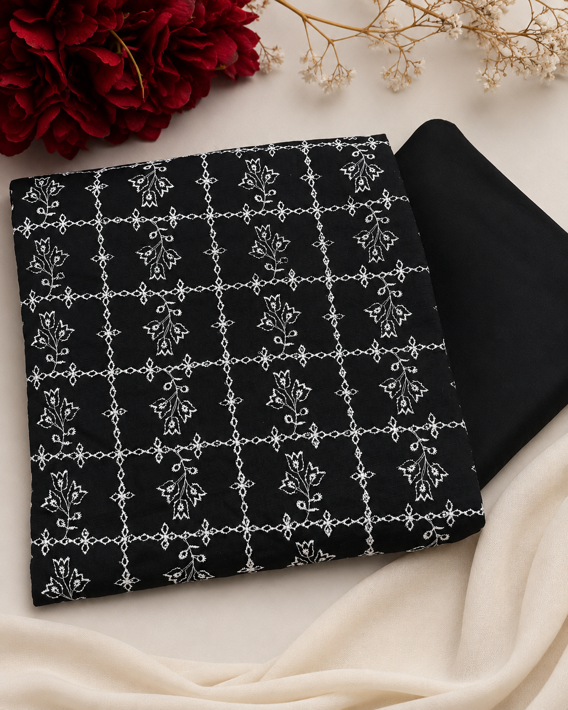 Noir Bloom Embroidered 2Pc in Black and White