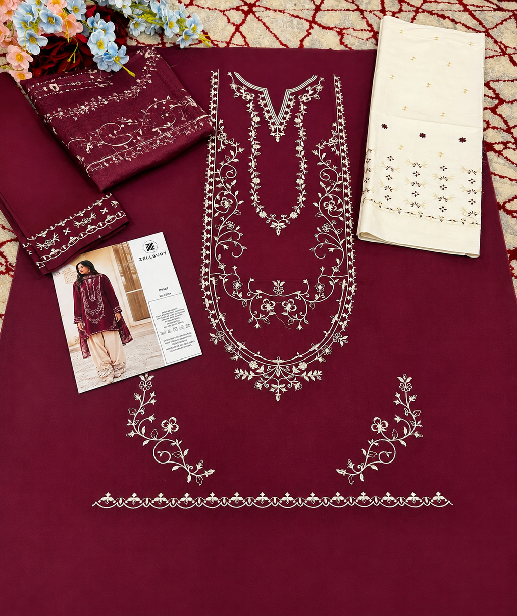 Maroon Embroidered 3 Piece Suit