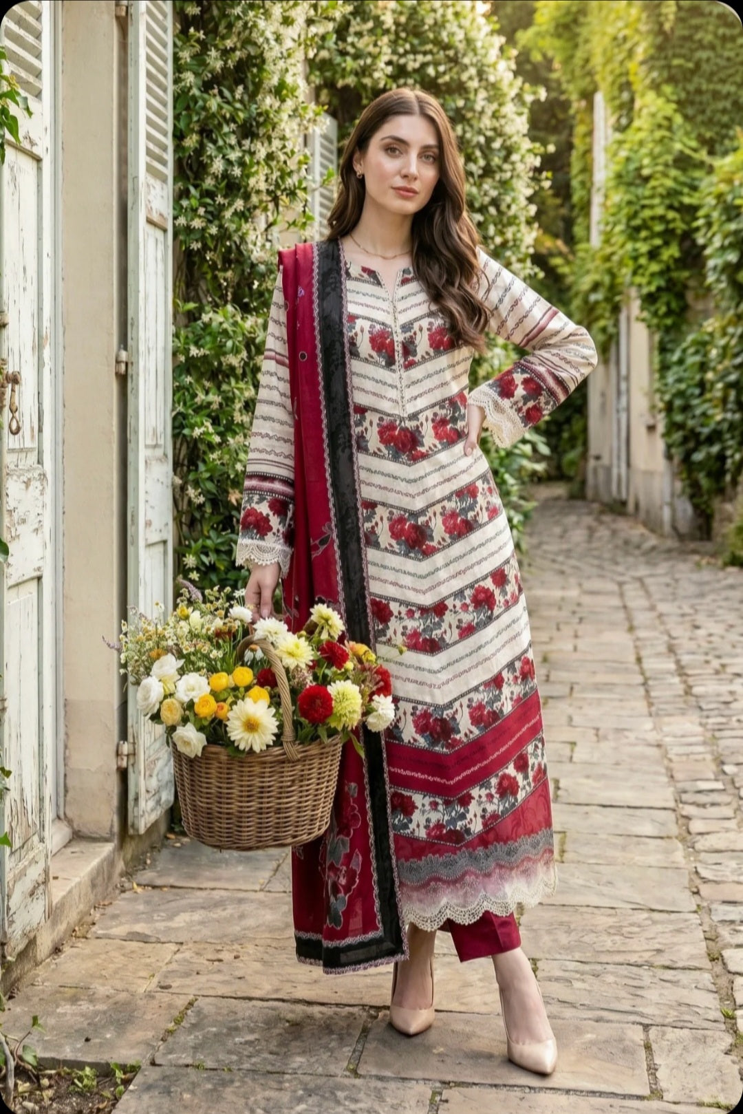 Crimson Bloom 3PC Lawn Suit