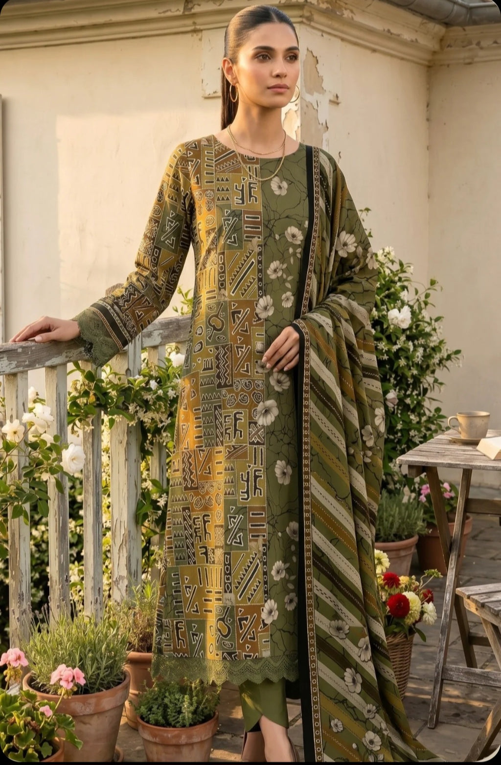Olive Bloom 3PC Lawn Suit
