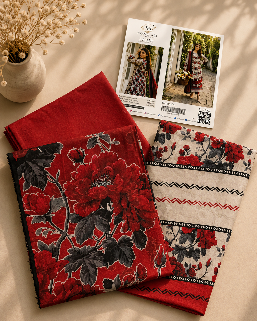 Crimson Bloom 3PC Lawn Suit